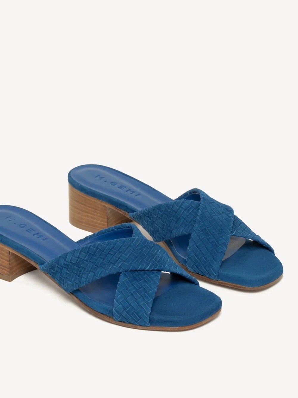 M. Gemi NWT and in box. Blue Woven Cross-Strap Low Block Heel Sandal